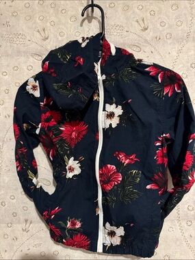 Denim & Flower Navy Floral Hooded Jacket with Pink & White Flowers